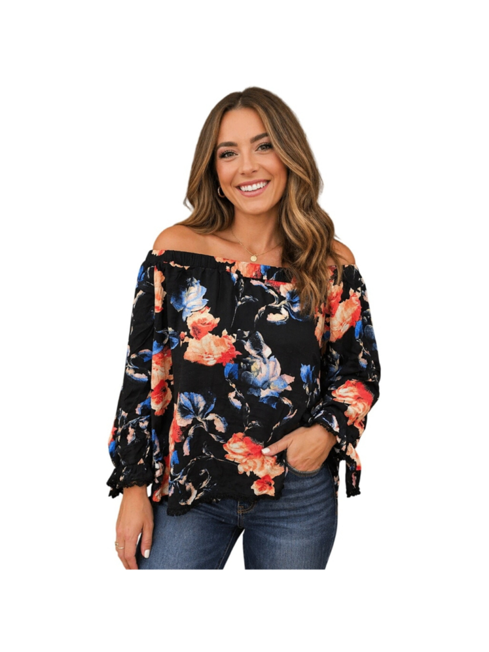 I jeans sz XL off the shoulder long sleeve floral relaxed fit beach casaul top